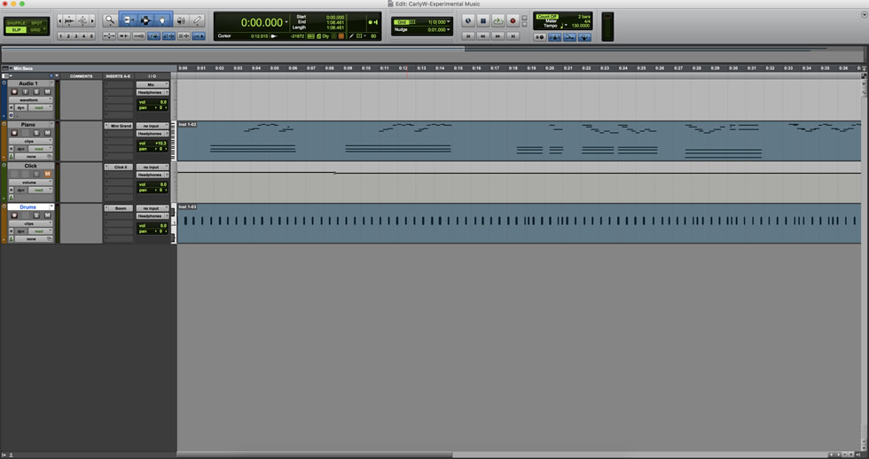 Screenshot of Protools file of experimental music